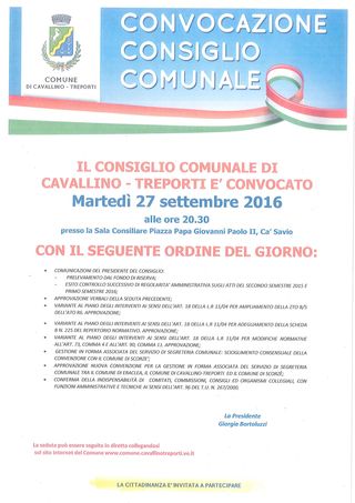 Consiglio Comunale - convocazione  martedì 27 settembre 2016