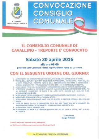 Consiglio Comunale - convocazione  giovedì 07 aprile 2016 ore 20.45